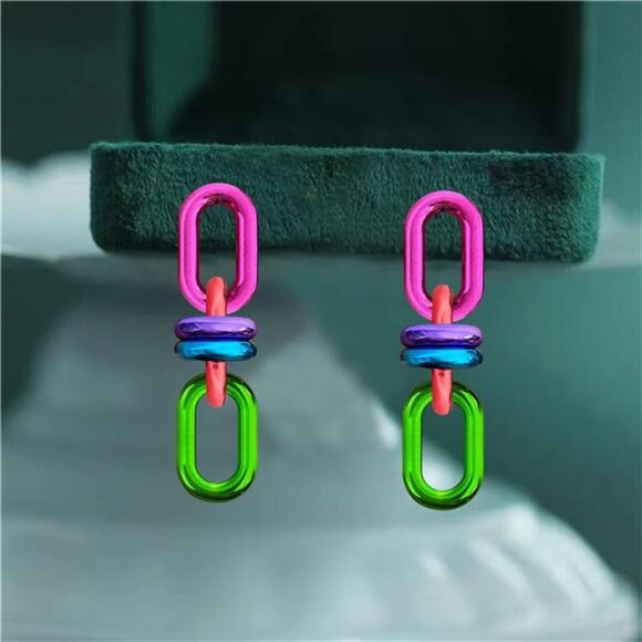 Two-Tone Chain Link Dangle Hoop Earrings – Bold Colorful Statement Jewelry - Picture 4 of 5